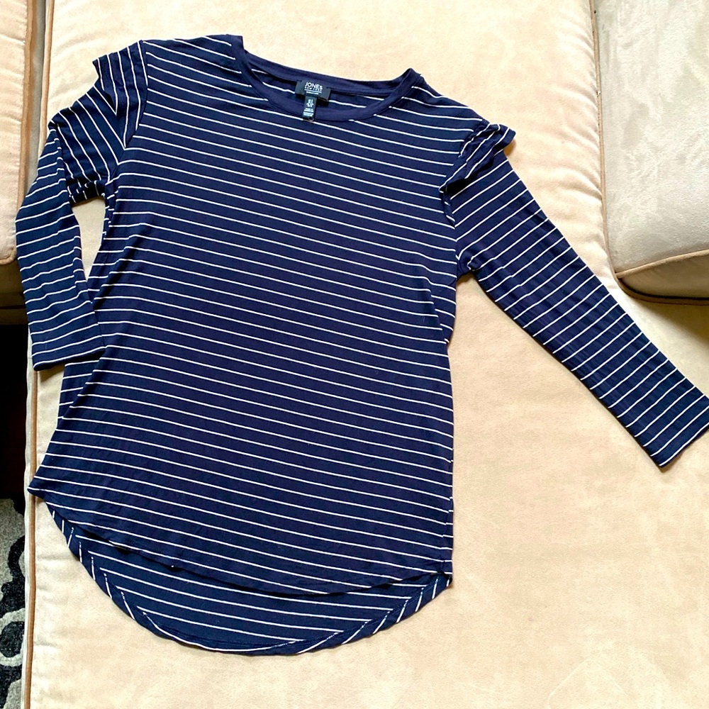 Jones New York Striped Tunic Length Top With Ruffled Sleeves